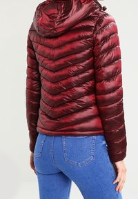 Rød dunjakke med et kviltet chevronmønster, der har hætte og skinnende, reflekterende materiale. Båret med blå denimjeans.