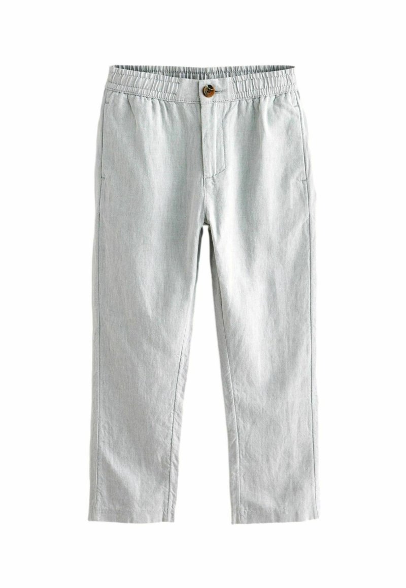 Pantalon décontracté gris clair avec une taille élastique, une fermeture à bouton, des poches latérales et une coupe droite.