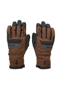 Gants imperméables marron en GORE-TEX, avec des accents texturés noirs, une paume renforcée et un poignet ajustable pour un maintien sécurisé.
