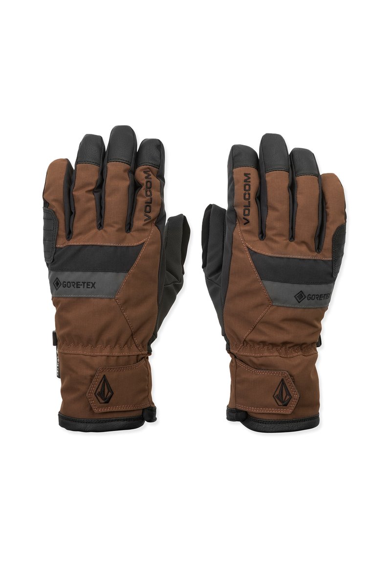 Gants imperméables marron en GORE-TEX, avec des accents texturés noirs, une paume renforcée et un poignet ajustable pour un maintien sécurisé.