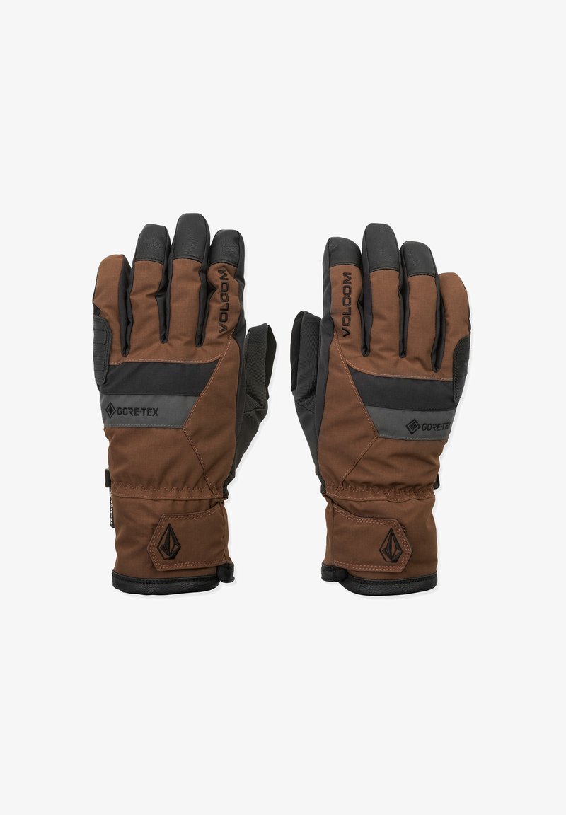 Gants imperméables marron en GORE-TEX, avec des accents texturés noirs, une paume renforcée et un poignet ajustable pour un maintien sécurisé.