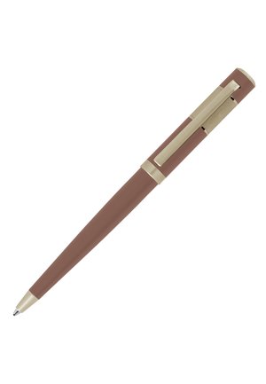 Ballpoint pen with a matte brown barrel, gold accents, and a metal clip. It features a tapered shape with a smooth texture.
