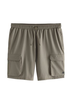 Korta cargoshorts i olivgrönt tyg, med elastisk midjeresår och dragsko, två sidofickor och två cargofickor.