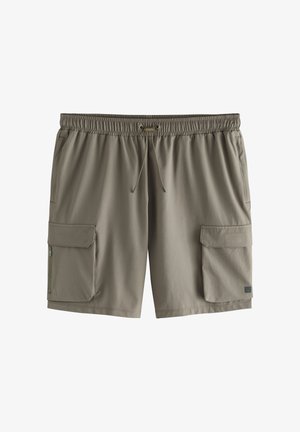 Pantalones cortos cargo cortos de tela verde oliva, con cintura elástica con cordón, dos bolsillos laterales y dos bolsillos cargo.