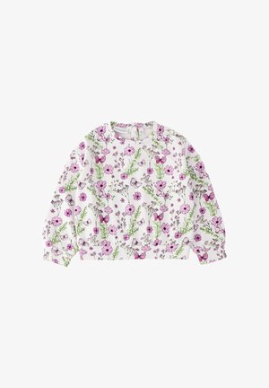 Camisa blanca de manga larga con estampado floral y de mariposas en rosa y púrpura, escote redondo y puños y dobladillo elásticos.