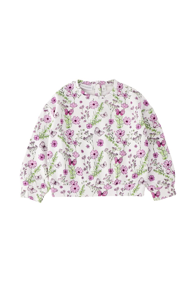 Camisa blanca de manga larga con estampado floral y de mariposas en rosa y púrpura, escote redondo y puños y dobladillo elásticos.