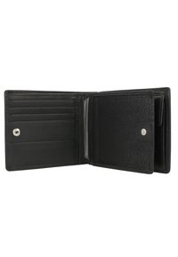 Black leather wallet featuring a textured surface, multiple card slots, a coin pocket, and a snap closure. Open with a partitioned interior.