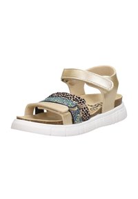 Gold leather sandals with adjustable straps, animal print accents, and colorful glitter, featuring a white rubber sole and textured insole.