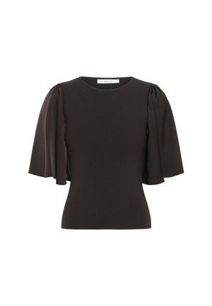 Black top with short, puffed sleeves made of smooth fabric. Features a round neckline and a fitted silhouette.