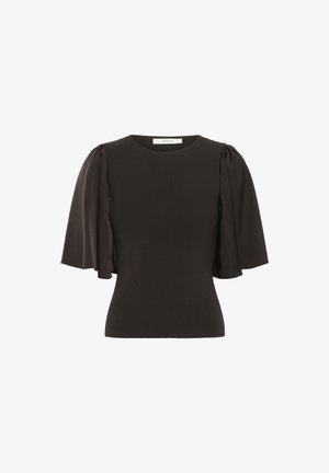 Schwarzes Oberteil mit kurzen, puffigen Ärmeln aus glattem Material. Verfügt über einen runden Halsausschnitt und eine taillierte Silhouette.