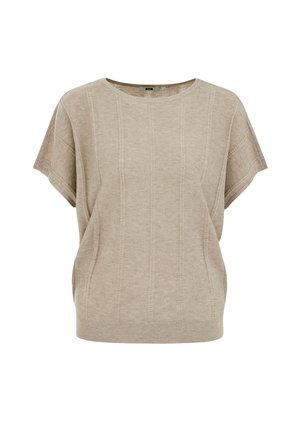 Pull beige à manches courtes en maille avec des motifs de points verticaux et un col rond.