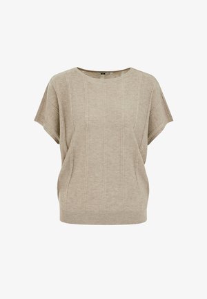 Pull beige à manches courtes en maille avec des motifs de points verticaux et un col rond.