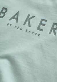 Svetlozelená textília so zvýšeným matným šedým textom "BAKER" a "by TED BAKER" v modernom písme, ktorý znázorňuje jemnú textúru.