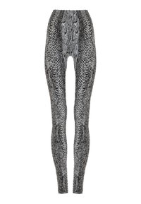 Leggings imprimés serpent en noir et blanc, présentant un design ajusté avec une texture lisse et une taille haute, illustrant un motif reptilien.