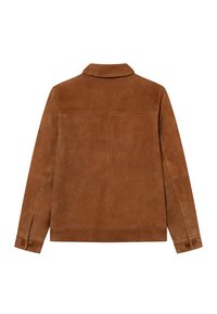 Bruine suède jas met een kraag, lange mouwen en knoopmanchetten. Gladde textuur met minimale stikseldetails op de achterkant.