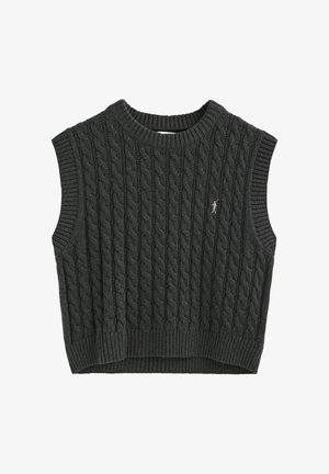 Dunkelgrauer, kabelgestrickter ärmelloser Pullover mit geripptem Kragen und Saum. Mit strukturiertem Muster und einem kleinen Emblem auf der Vorderseite.