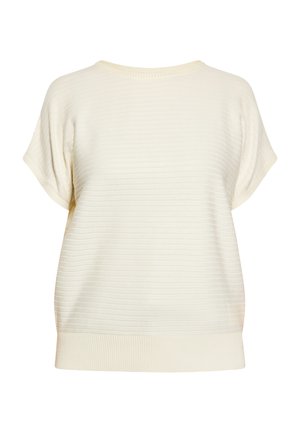 Cremefarbenes Stricktop mit kurzen Ärmeln, geripptem Saum und subtiler horizontaler Streifenstruktur auf weißem Hintergrund.