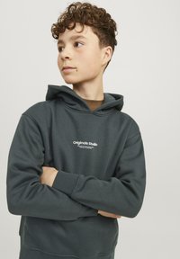 Tmavohnedá mikina s textúrovaným povrchom, so zobrazovaným logom na prednej strane, nastaviteľnou kapucňou a rebrovanými manžetami. Model má prekrížené ruky.