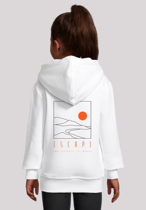 White hooded sweatshirt featuring a black line art design of mountains and a sun. The text "ESCAPE AND DISCOVER THE WORLD" in orange below.