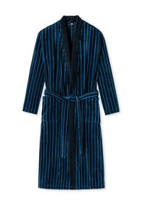 Robe bleu foncé avec des rayures verticales bleu clair, fabriquée en tissu doux. Dispose d'un col châle, d'une ceinture à nouer et de deux poches avant.