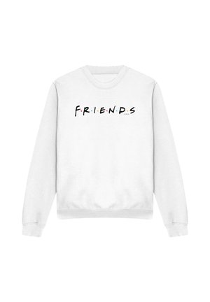 White long-sleeve sweatshirt with "FRIENDS" text in black letters separated by small colored dots on the chest.