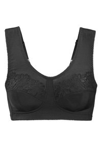 Mustat rintaliivit leveillä hihnoilla, etuosassa kukkareunuksilla, sileä kangas ja muotoillut kupit. Reunoissa on hunajakennopistos.