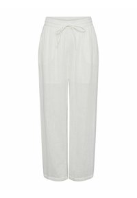 Witte linnen broek met een elastische tailleband, veterdetail, comfortabele pasvorm en rechte pijpen. Glad textuur met minimale stiksels.