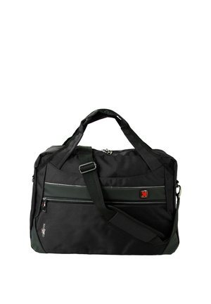 Schwarze, weichseitige Reisetasche mit Doppelgriffen, verstellbarem Schultergurt, vorderer Reißverschlusstasche und roten und weißen Logoakzenten.