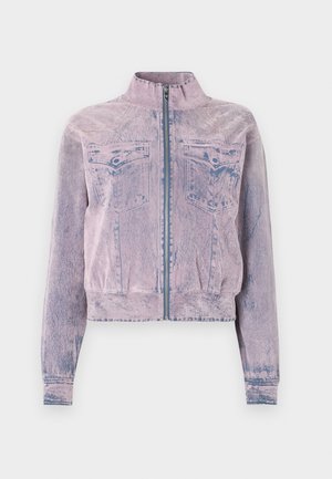 Pink denim jacket with a high collar, front zipper, two chest pockets, and textured finish. Cropped design with blue accents.