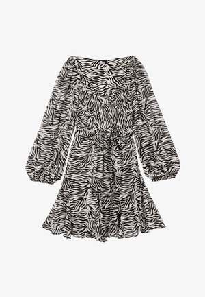 Robe à manches longues à imprimé zèbre noir et blanc, avec manches bouffantes, encolure carrée, taille cintrée et jupe évasée.