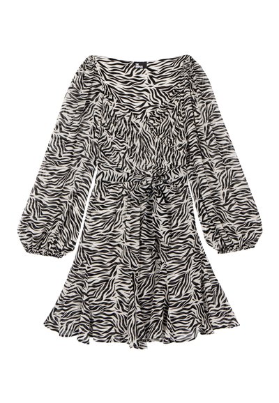 Vestido de manga larga con estampado de cebra en blanco y negro, mangas abullonadas, escote cuadrado, cintura entallada y falda acampanada.