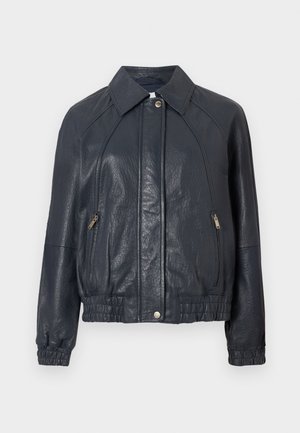 Navy blue leather jacket with a collared neckline, zippered side pockets, and elastic cuffs. Features a textured finish and gathered hem.