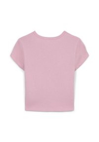 T-shirt rosa corta con colletto rotondo e maniche corte, realizzata in morbido cotone, con un orlo dritto senza loghi o motivi visibili.