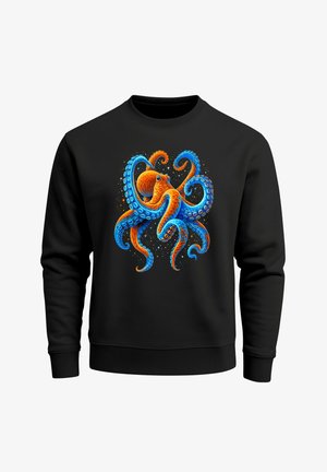Schwarzer Pullover mit einem lebendigen, mehrfarbigen Oktopus-Design in Orange und Blau, detailliert mit strukturierten Tentakeln und kreisförmigen Akzenten.