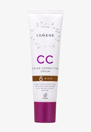 CC Color Correcting Cream by Lumene, 50 ml tube, white with purple text and a pink cap. SPF 20, suitable for all skin types, shade 8 Rich.