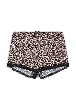 Shorts con stampa a leopardo in tessuto leggero con bordo in pizzo nero. Presentano una vita elastica e un fiocco decorativo sul davanti.