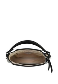 Borsa a tracolla in pelle nera con una superficie testurizzata, chiusura con zip e manico singolo. L'interno è beige con una piccola tasca con zip.