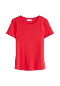 Rode T-shirt met korte mouwen van katoen. Beschikt over een ronde halslijn en een gladde textuur, met stiksel langs de mouwen en de zoom.