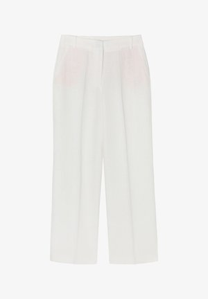 Pantalones de lino ligeros de pierna ancha en color blanco roto. Cuenta con dos bolsillos laterales, un ajuste relajado y pliegues frontales para mayor estructura.