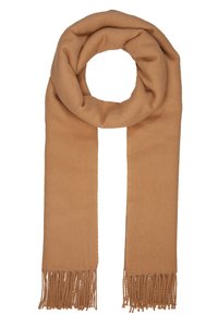 Écharpe beige en tissu doux et texturé avec des bords effilochés. Elle présente un design en boucle, offrant une apparence épaisse et confortable.