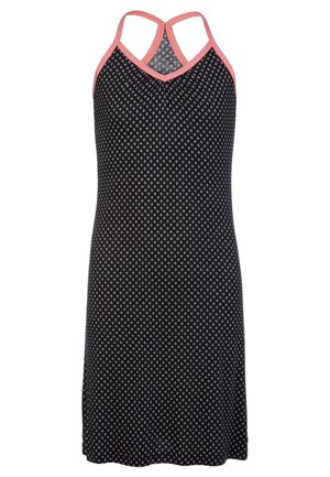 Robe noire sans manches avec des bretelles croisées dans le dos, présentant un motif à losanges blancs et une bordure corail contrastante. Texture de tissu douce et fluide.