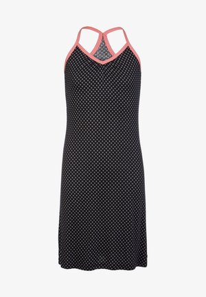 Czarna sukienka bez rękawów z paskami na krzyż na plecach, ozdobiona białym wzorem w romby i kontrastową koralową lamówką. Miękka, lejąca tkanina.