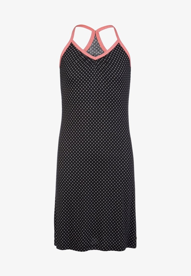 Robe noire sans manches avec des bretelles croisées dans le dos, présentant un motif à losanges blancs et une bordure corail contrastante. Texture de tissu douce et fluide.