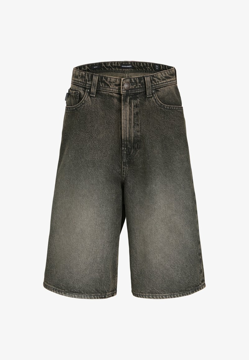 Jeansshorts in vervaagd zwart met een licht beschadigde uitstraling, voorzien van een knoopsluiting, riemlussen en voorkruiszakken.
