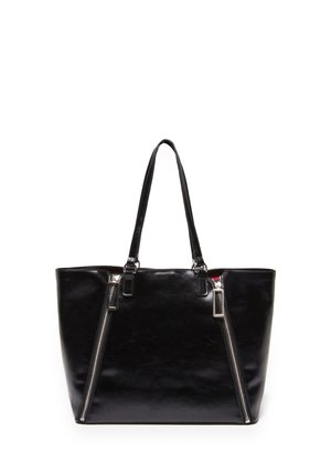 Borsa tote in pelle nera con doppi manici a spalla e due zip verticali argentate sul davanti, su sfondo bianco.