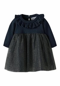 Tumes pikkade varrukatega kleit, millel on volangidega kaelus ja sädeleva kuldsete täppidega pitsseelik, tagant nööpide sulgemisega ja elastne korpus.