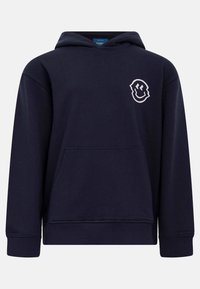 Tumši zila kapuce ar auklu, priekšējo kabatu un baltu smaidošu sejas logo uz kreisā krūšu. Izgatavota no mīksta kokvilnas maisījuma.