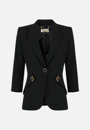 Blazer nero sartoriale con spalle strutturate, singolo bottone decorativo dorato, dettagli delle tasche rifiniti in oro e fodera interna decorata con motivo a catena.