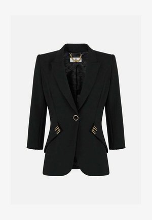 Sort skræddersyet blazer med strukturerede skuldre, enkelt dekorativt guldknap, lommedetaljer med guldkant og mønstret inderfor med kæde-loop.