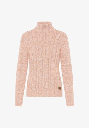 Maglione a collo alto con zip in maglia cable rosa chiaro, con maniche lunghe e un piccolo etichetta del marchio marrone nella parte bassa anteriore.